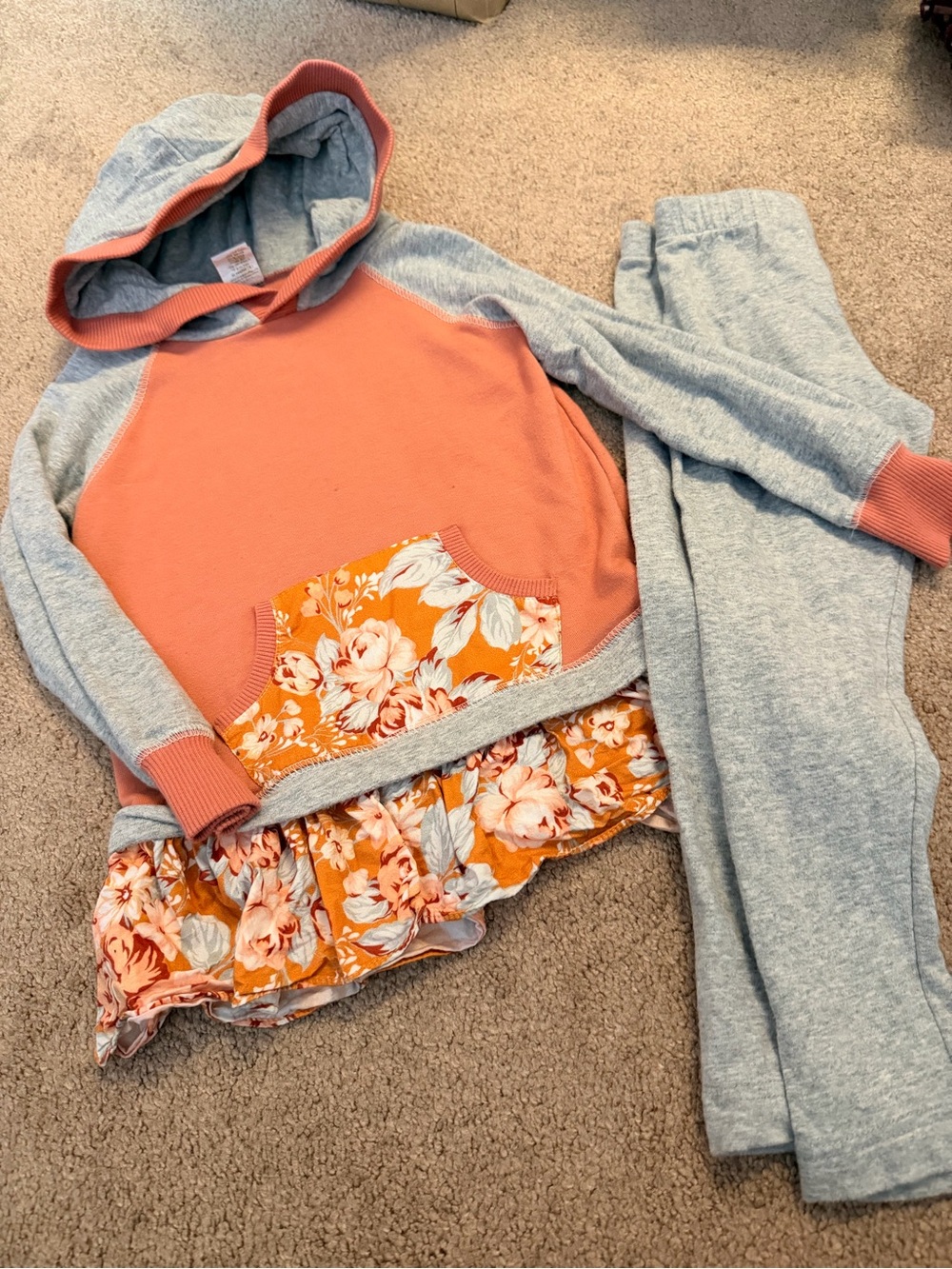 Kids Floral Ruffle Hoodie & Leggings Set - Coral and Heather Gray